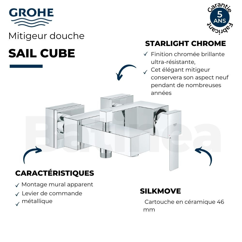 Points forts 23437000 Mitigeur douche GROHE Sail Cube Chromé