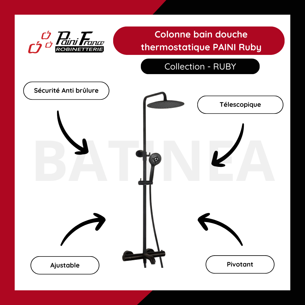 Les points forts de la Colonne bain douche thermostatique PAINI Ruby Noir Mat
