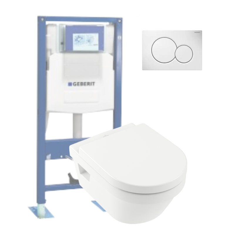 Pack WC suspendu sans bride VILLEROY ET BOCH Architectura + abattant + Bati support GEBERIT + plaque de commande chrome