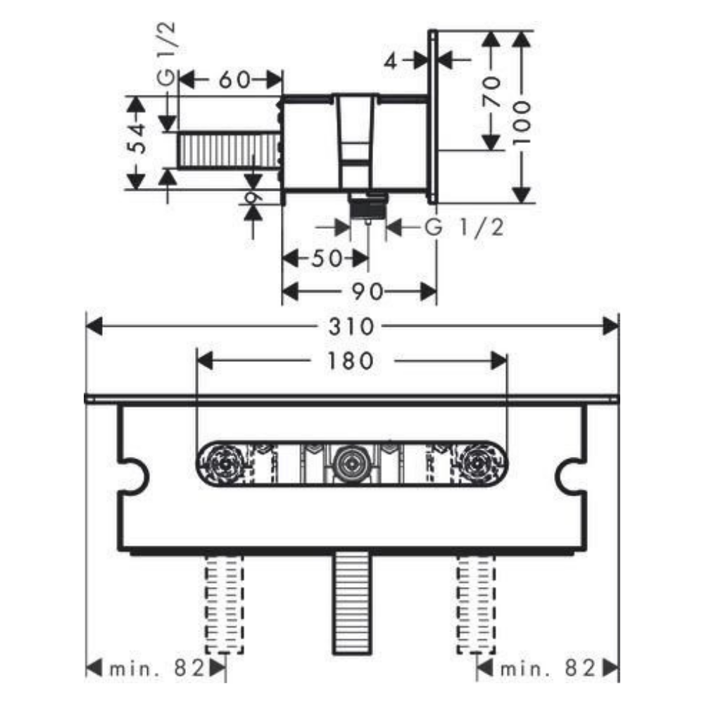 schéma coté du Coude de raccordement HANSGROHE  blancchromé