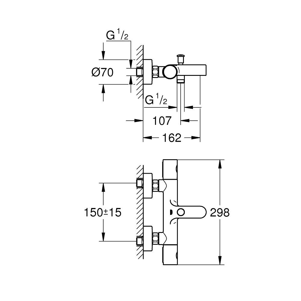 Schéma de cotes Mitigeur de bain douche Grohe thermostatique et mural Precision Get + Flexible de douche GROHE Twistfree Vitalio