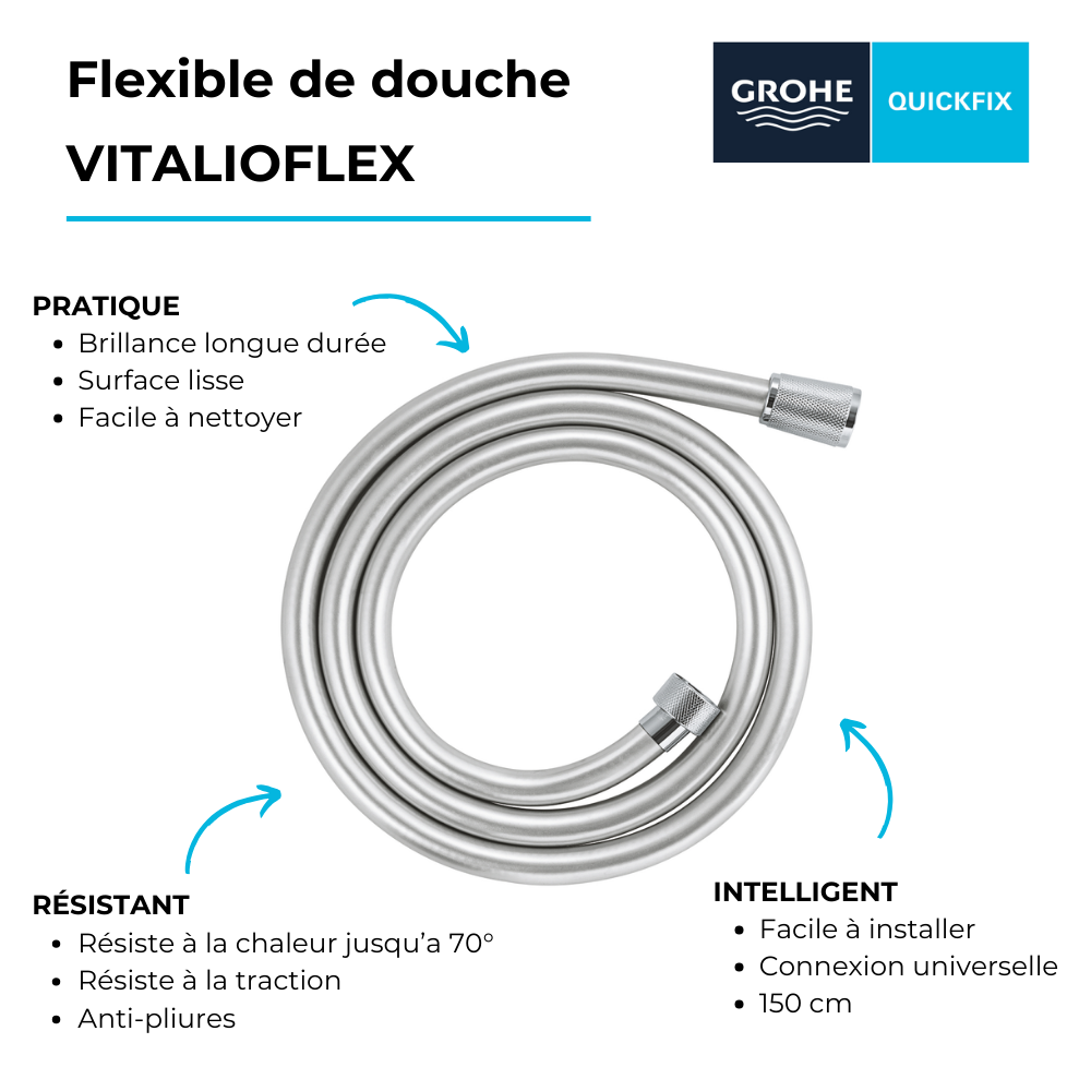 Les avantages du Flexible de douche GROHE Quickfix VitalioFlex 150 cm chromé