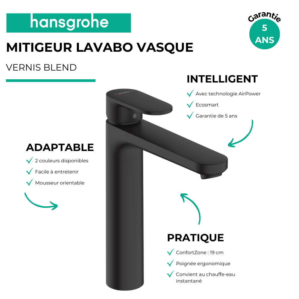 Avantage du Mitigeur lavabo HANSGROHE Vernis Blend 190 sans tirette ni vidage noir mat