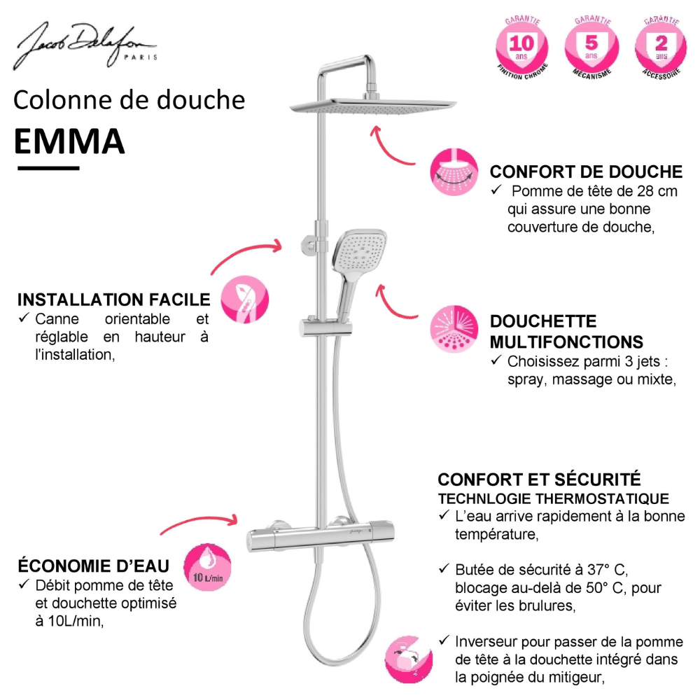 Colonne de douche thermostatique JACOB DELAFON Emma chromé + tablette de douche