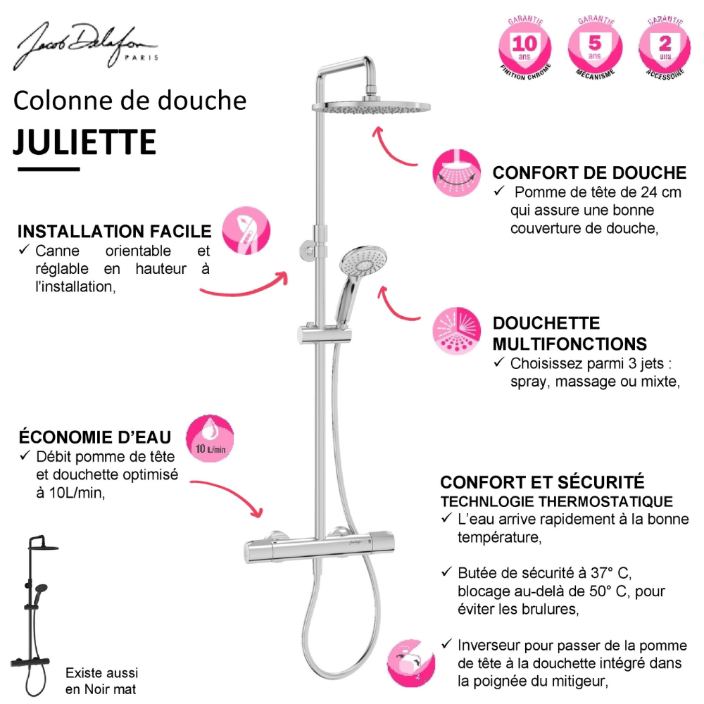 Colonne de douche thermostatique JACOB DELAFON Juliette chromé | Batinea