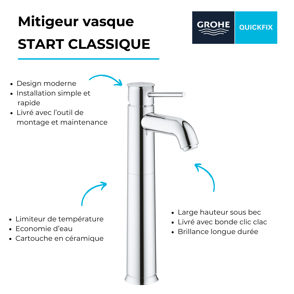 Avantages Mitigeur vasque GROHE Quickfix Start Classic taille XL chromé