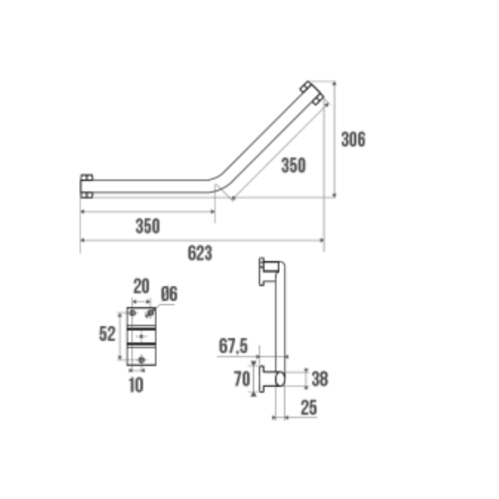Barre coudée PMR PELLET Design 135° aluminium anodisé brillant caches résine chromée schéma