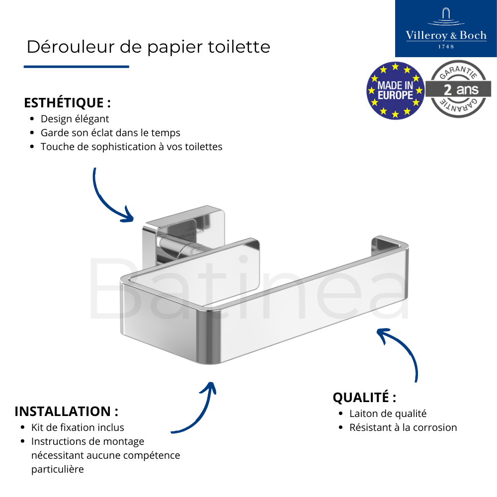 Dérouleur de papier toilette sans couvercle + Ensemble brosse WC VILLEROY ET BOCH Striking Chrome | Batinea