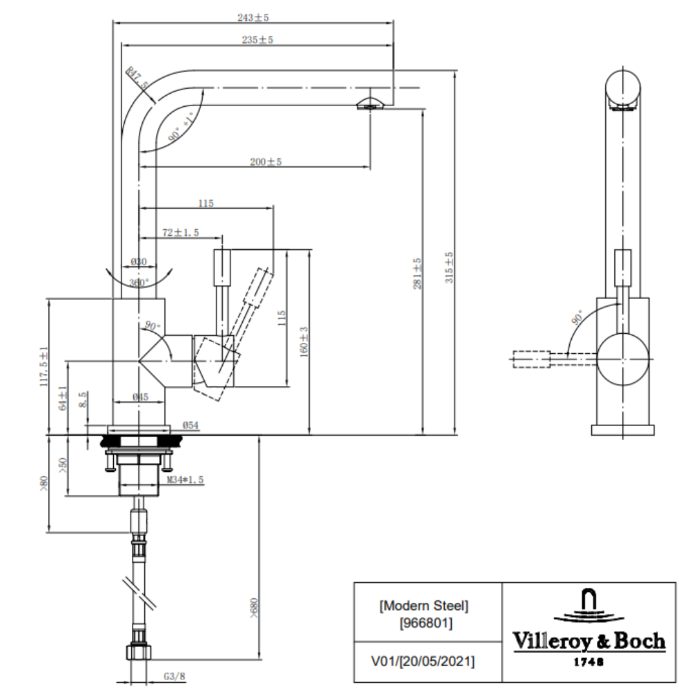 Evier VILLEROY ET BOCH Subway Pure 60 égouttoir à droite vidage auto + Robinet de cuisine Modern Steel | Batinea