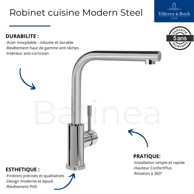 Evier VILLEROY ET BOCH Subway Pure 60 égouttoir à droite vidage auto + Robinet de cuisine Modern Steel | Batinea
