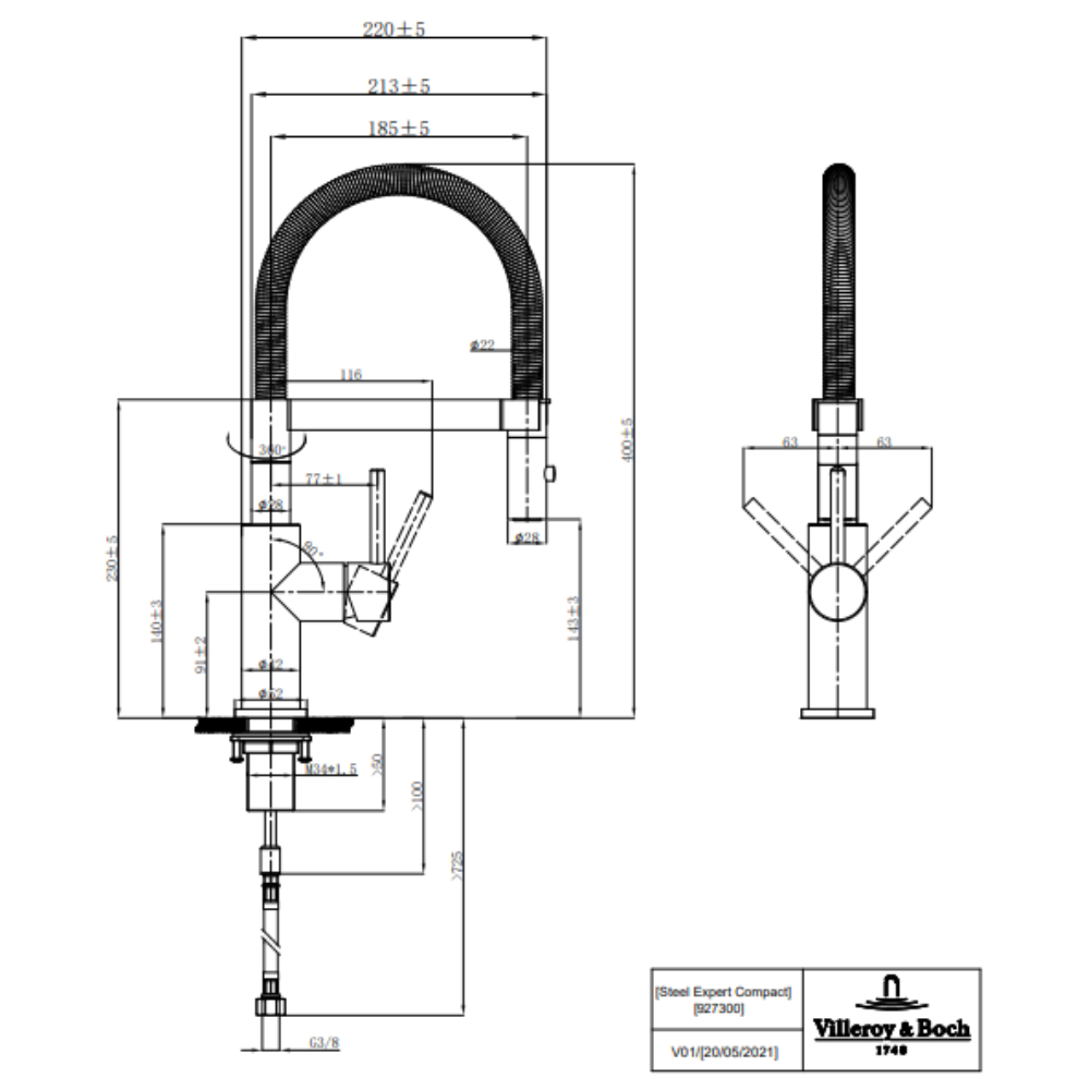 Evier VILLEROY ET BOCH Subway Pure 60 égouttoir à droite vidage auto + Robinet de cuisine Steel Expert Compact | Batinea