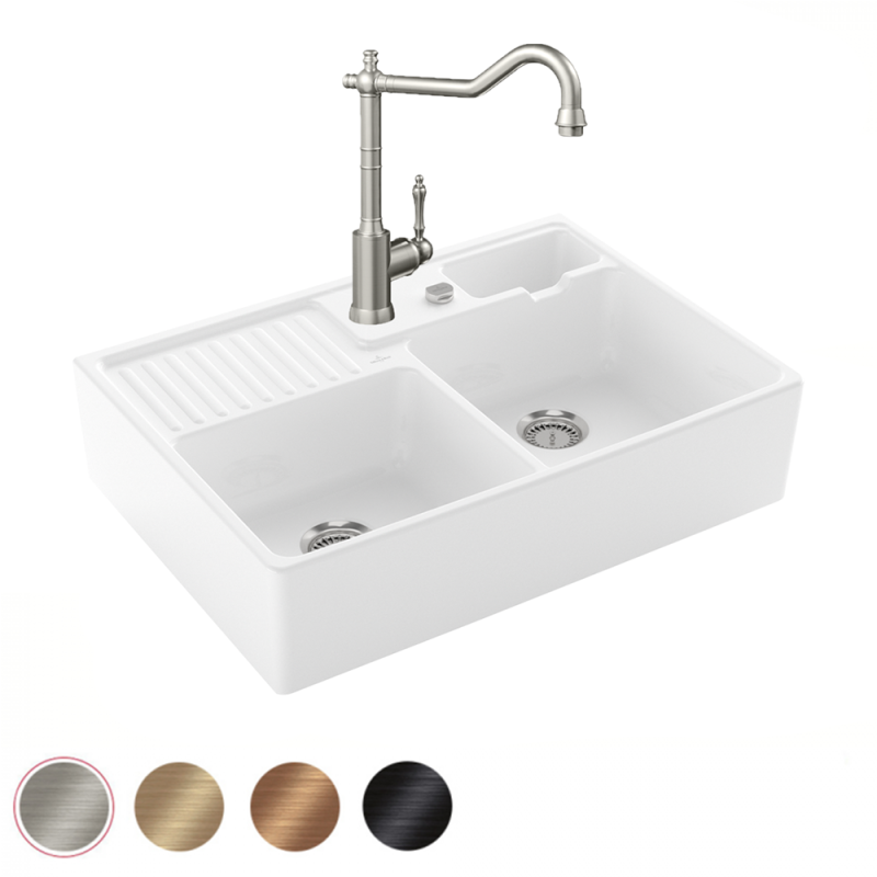 Présentation de l'Evier VILLEROY ET BOCH Timbre d'office Tradition 2 cuves vidage auto + Robinet de cuisine Avia 2.0