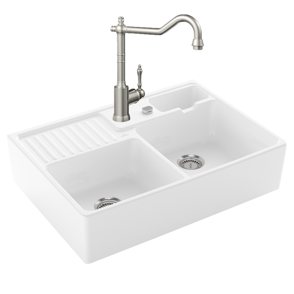 Présentation de l'Evier VILLEROY ET BOCH Timbre d'office Tradition 2 cuves vidage auto + Robinet de cuisine Avia 2.0 Acier Massi