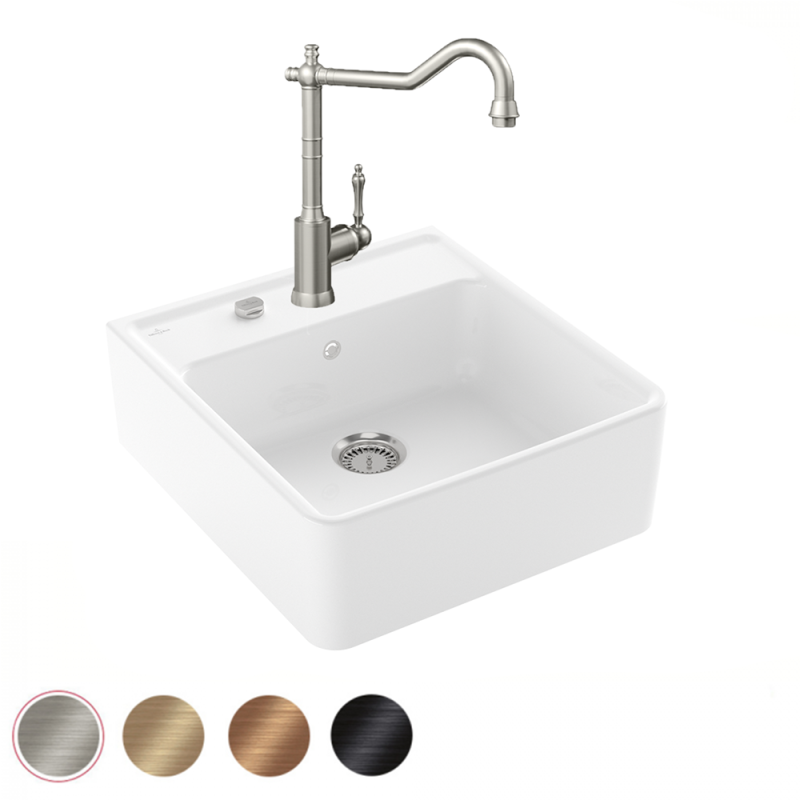 Présentation de l'Evier VILLEROY ET BOCH Timbre d'office Tradition 1 cuve vidage auto + Robinet de cuisine Avia 2.0