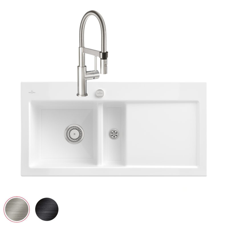 Présentation de l'Evier VILLEROY ET BOCH Subway Pure 60 égouttoir à droite vidage auto + Robinet de cuisine Steel Expert Compact