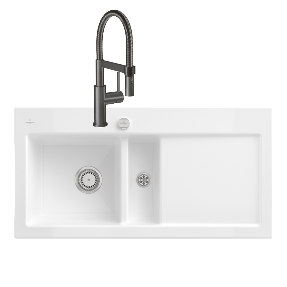 Présentation de l'Evier VILLEROY ET BOCH Subway Pure 60 égouttoir à droite vidage auto + Robinet de cuisine Steel Expert Compact