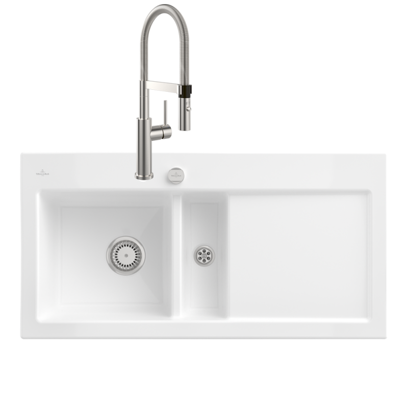 Présentation de l'Evier VILLEROY ET BOCH Subway Pure 60 égouttoir à droite vidage auto + Robinet de cuisine Steel Expert 2.0 Aci