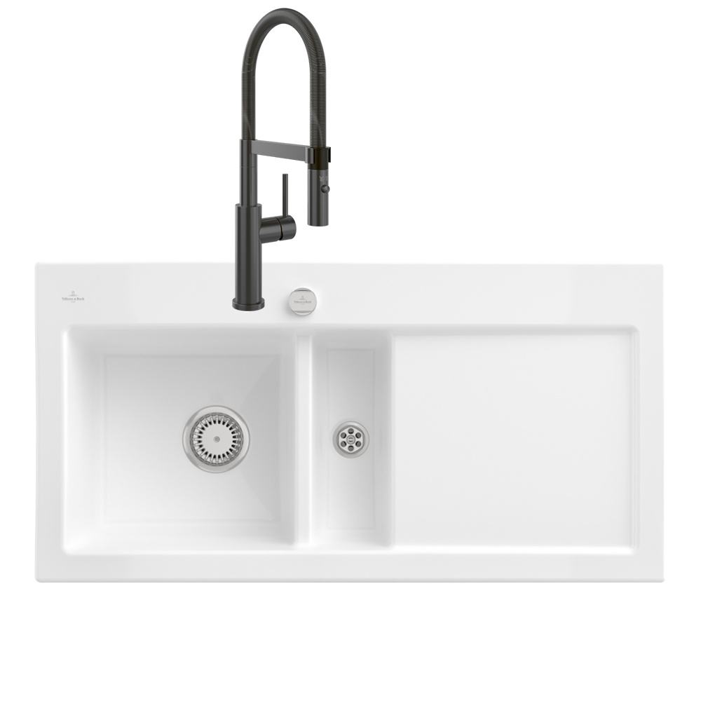 Présentation de l'Evier VILLEROY ET BOCH Subway Pure 60 égouttoir à droite vidage auto + Robinet de cuisine Steel Expert 2.0 Ant