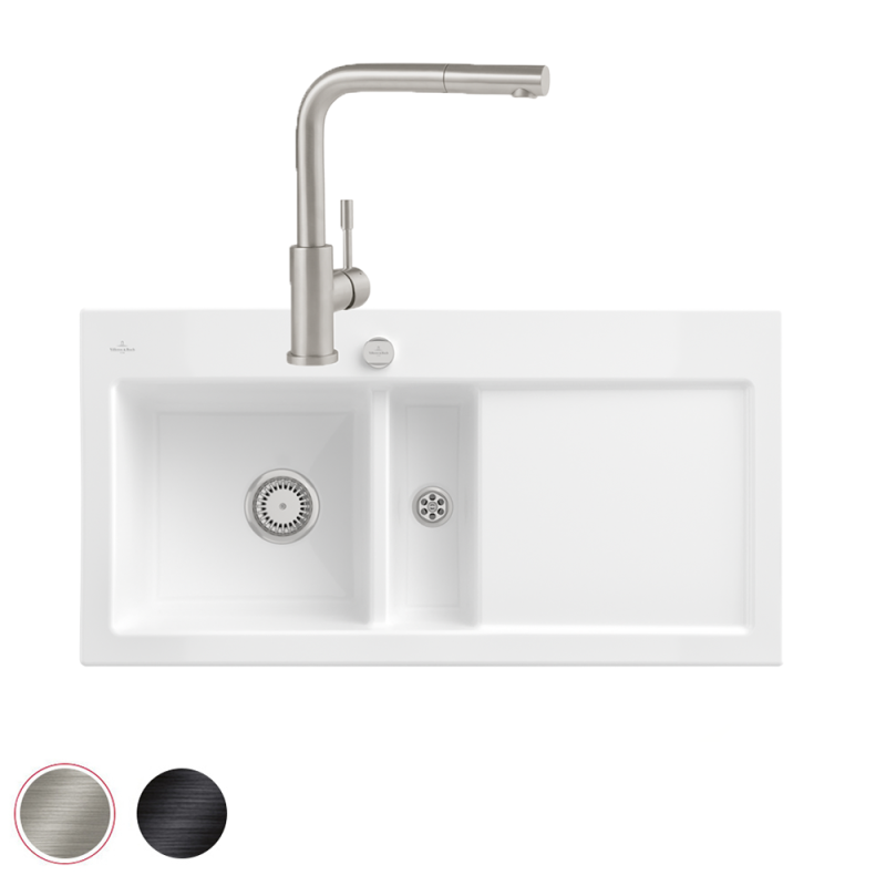 Présentation de l'Evier VILLEROY ET BOCH Subway Pure 60 égouttoir à droite vidage auto + Robinet de cuisine Steel Shower