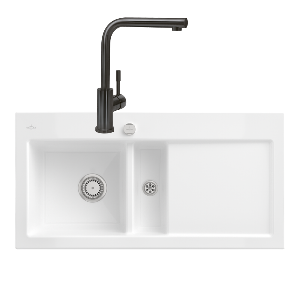 Présentation de l'Evier VILLEROY ET BOCH Subway Pure 60 égouttoir à droite vidage auto + Robinet de cuisine Modern Steel Anthrac