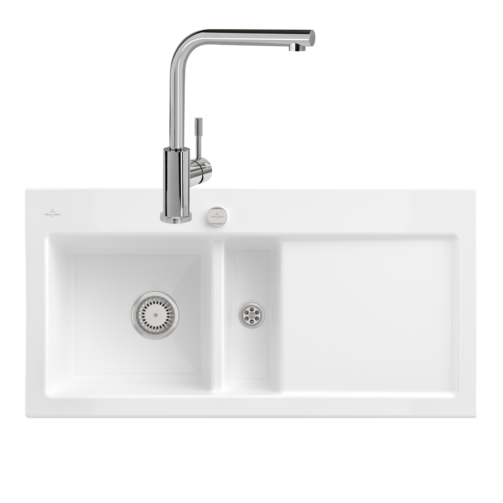 Présentation de l'Evier VILLEROY ET BOCH Subway Pure 60 égouttoir à droite vidage auto + Robinet de cuisine Modern Steel Acier M