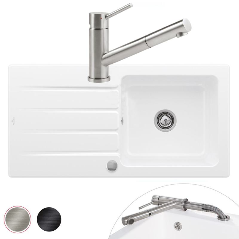 Evier VILLEROY ET BOCH Architectura 60 vidage auto + Robinet de cuisine Como Shower Window | Batinea