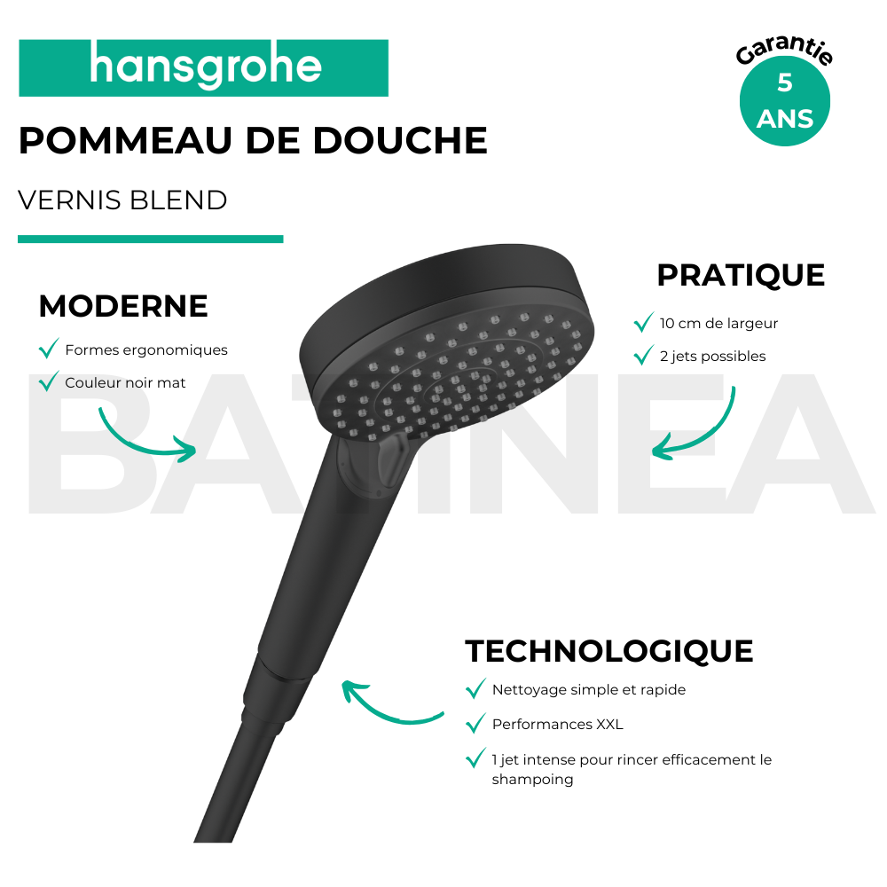 Avantages Pommeau de douche HANSGROHE Vernis Blend 100 Vario noir mat