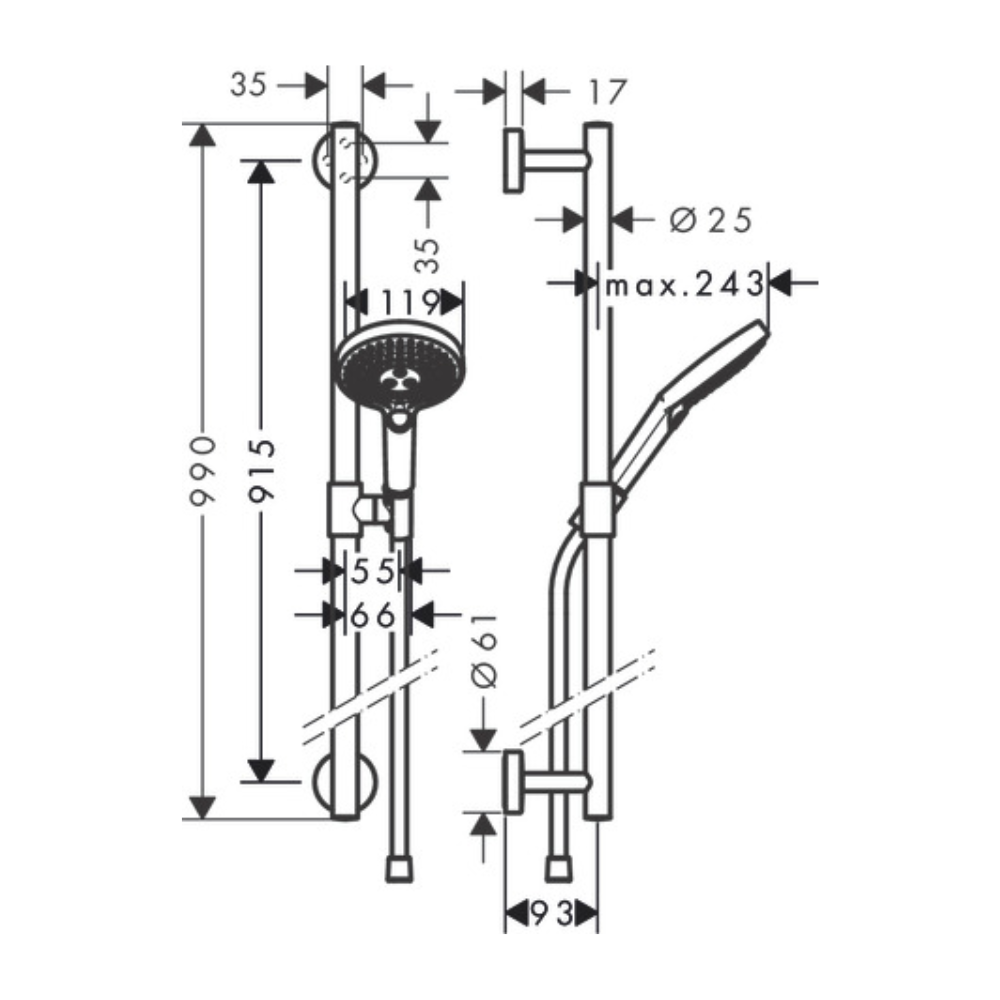 Ensemble de douche 120 3jet avec barre de douche 90 cm chromé Hansgrohe Raindance Select S 26322000 |Batinea