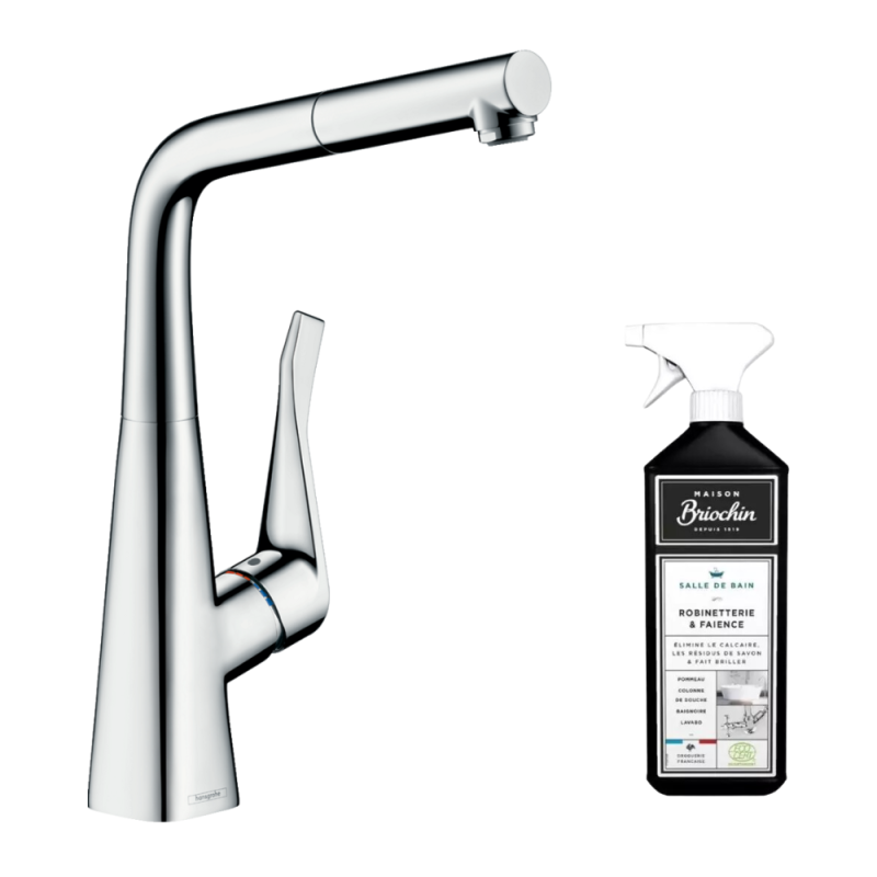 Robinet de cuisine avec douchette HANSGROHE Metris M71 320 chromé + nettoyant Briochin