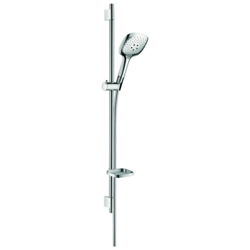 Set de douche 150 3jet avec barre Unica'S puro 90 cm et porte-savon chromé Hansgrohe Raindance Select E 27857000 |Batinea