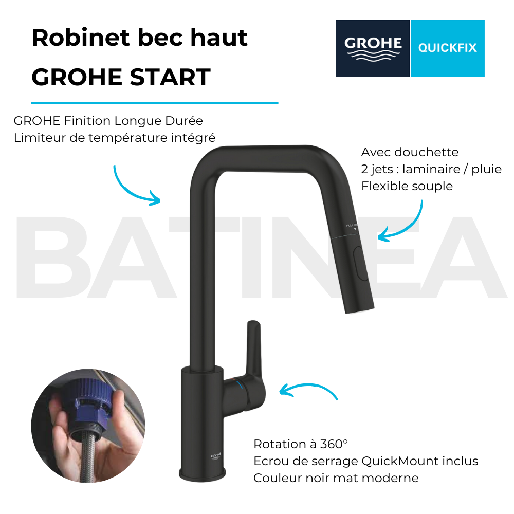 Avantages du Robinet de cuisine avec douchette GROHE Start noir bec haut mat 2 jets