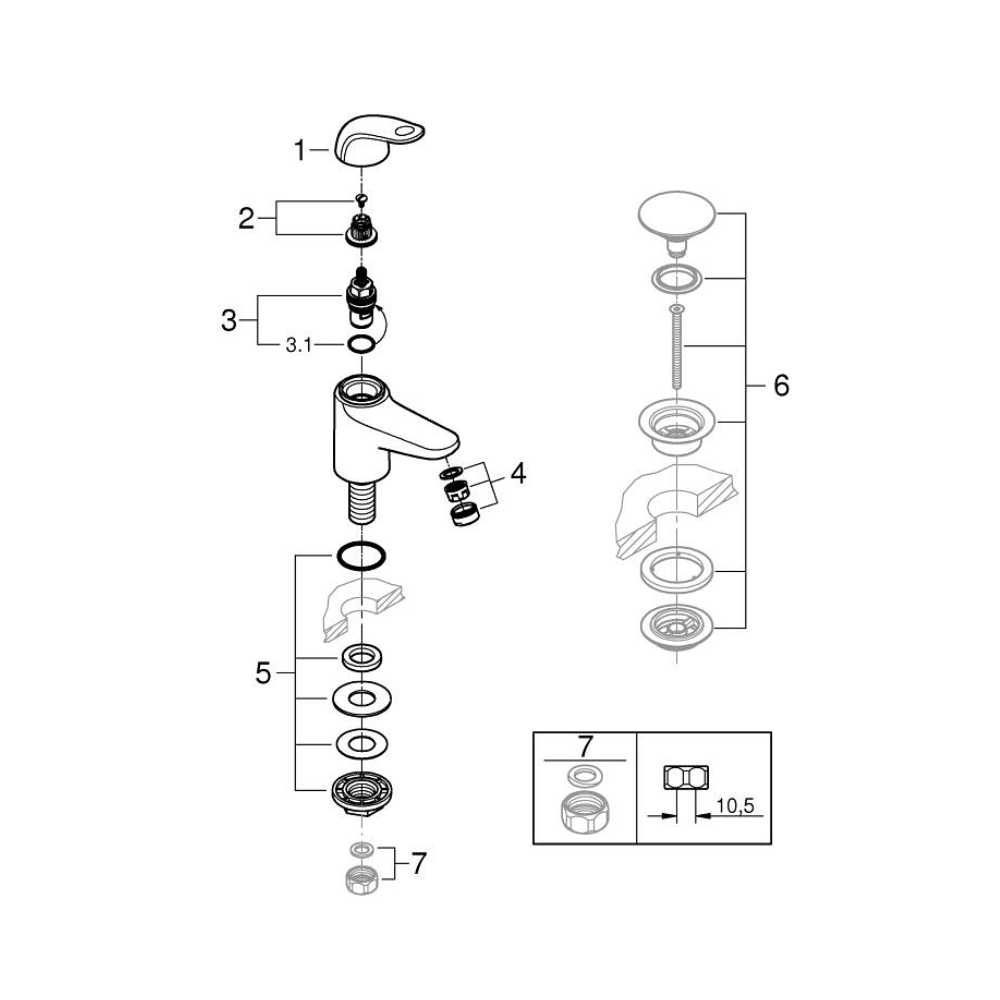 Schéma produits démonté Robinet lave-mains GROHE Swift ouverture eau froide chromé