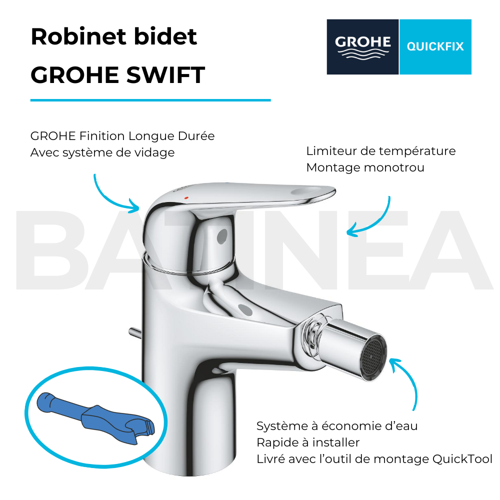 Les avantages du Robinet bidet GROHE Swift chromé