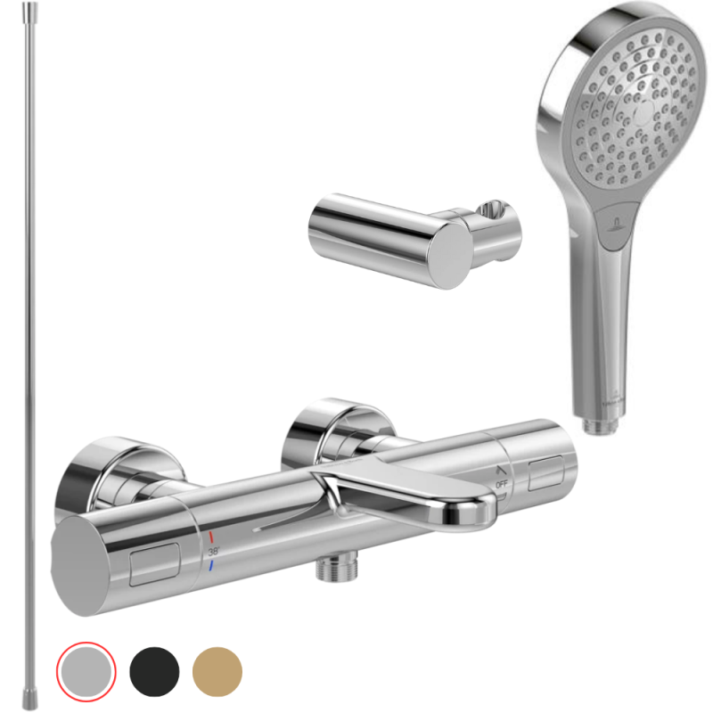 Pack mitigeur baignoire thermostatique VILLEROY ET BOCH Universal Taps & Fittings rond + douchette + flexible + support | Batine