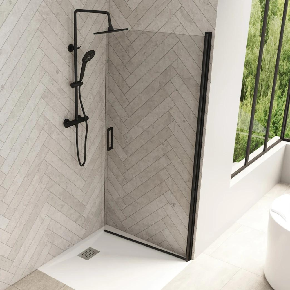 Porte de douche pivotante KINEDO Smart Design, 80 cm, profilé noir, verre transparent - pour montage en angle