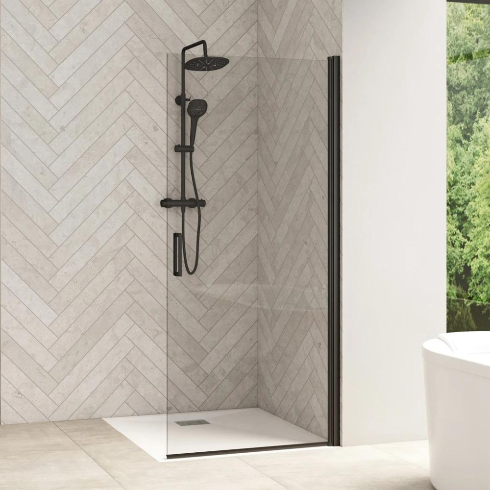 Porte de douche pivotante KINEDO Smart Design, 80 cm, profilé noir, verre transparent - pour montage en angle