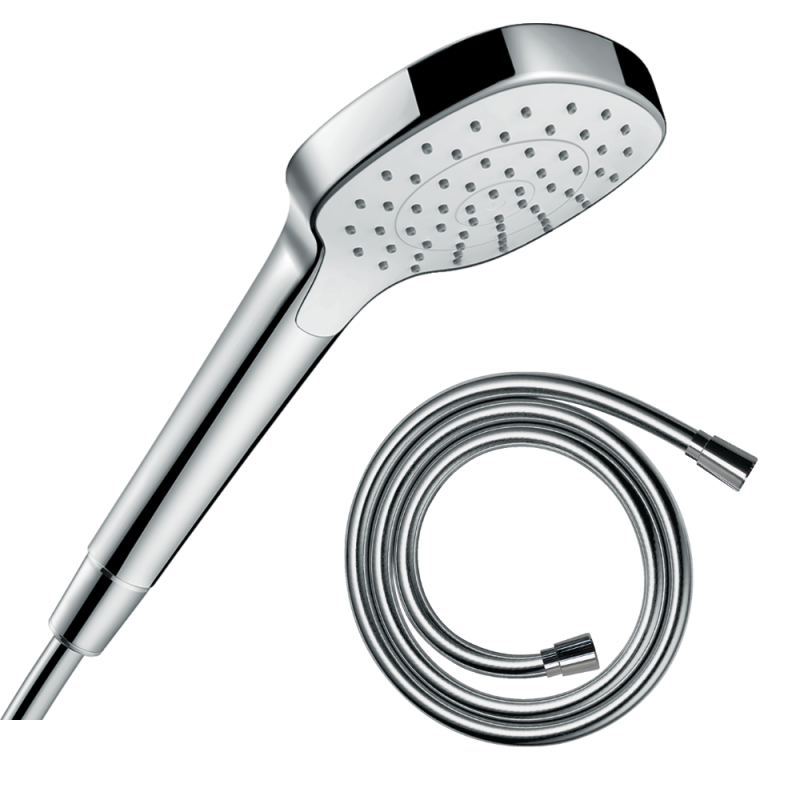 Pommeau de douche HANSGROHE Croma Select E EcoSmart blanc/chromé + flexible de douche HANSGROHE | Batinea