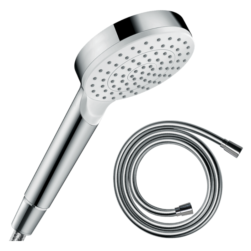 Pommeau de douche HANSGROHE Crometta EcoSmart blanc/chromé + flexible de douche HANSGROHE | Batinea