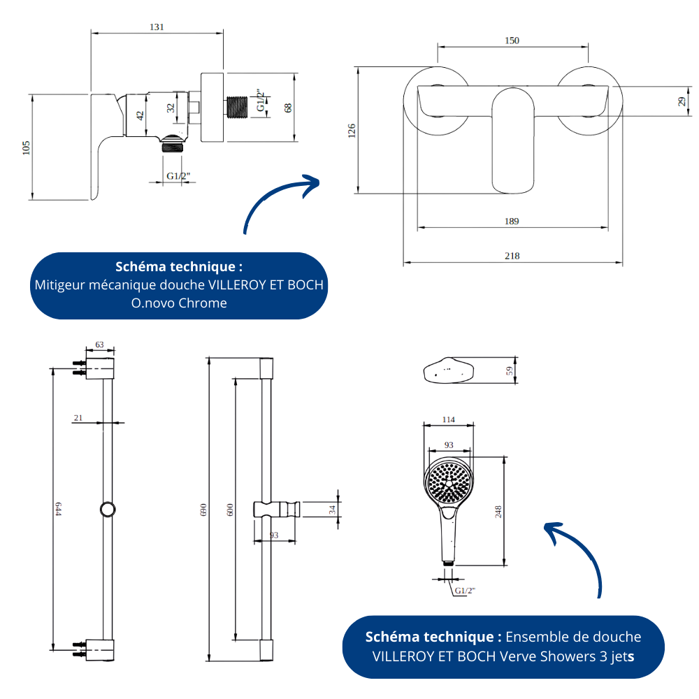 Le schéma technique du Mitigeur mécanique douche VILLEROY ET BOCH O.novo Chrome + Ensemble de douche VILLEROY ET BOCH Verve Show