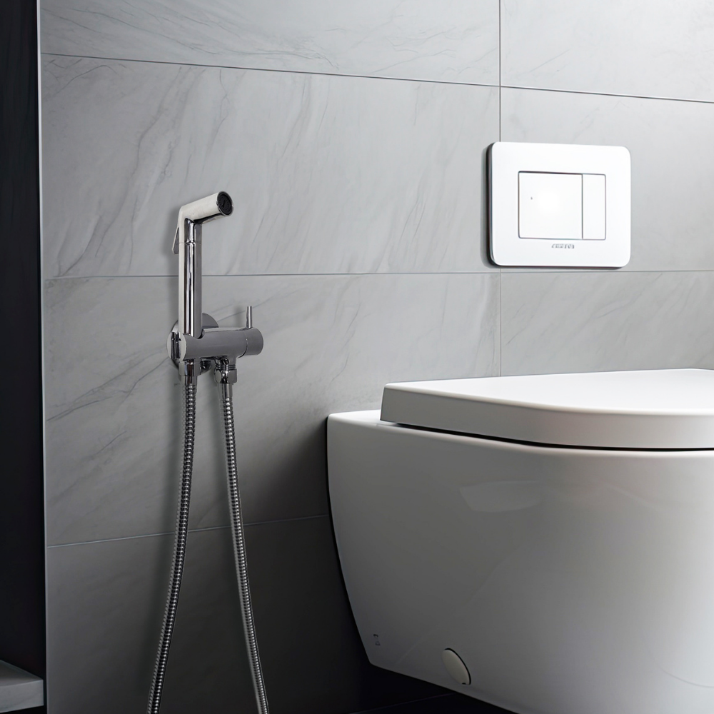 Mise en ambiance de la Douchette WC PAINI Cox ronde + support + flexible