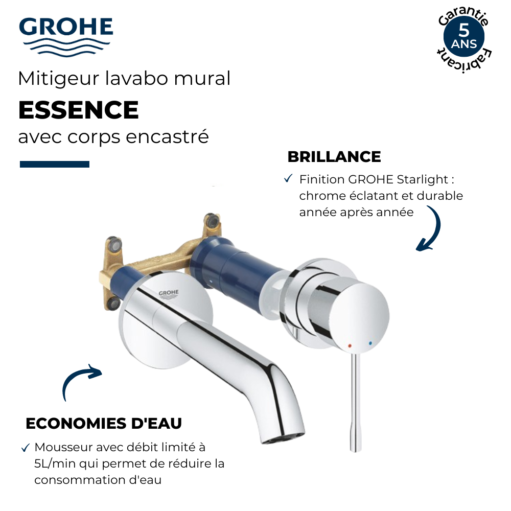 Mitigeur mural lavabo GROHE Essence Taille M Mitigeur mural lavabo Grohe Essence