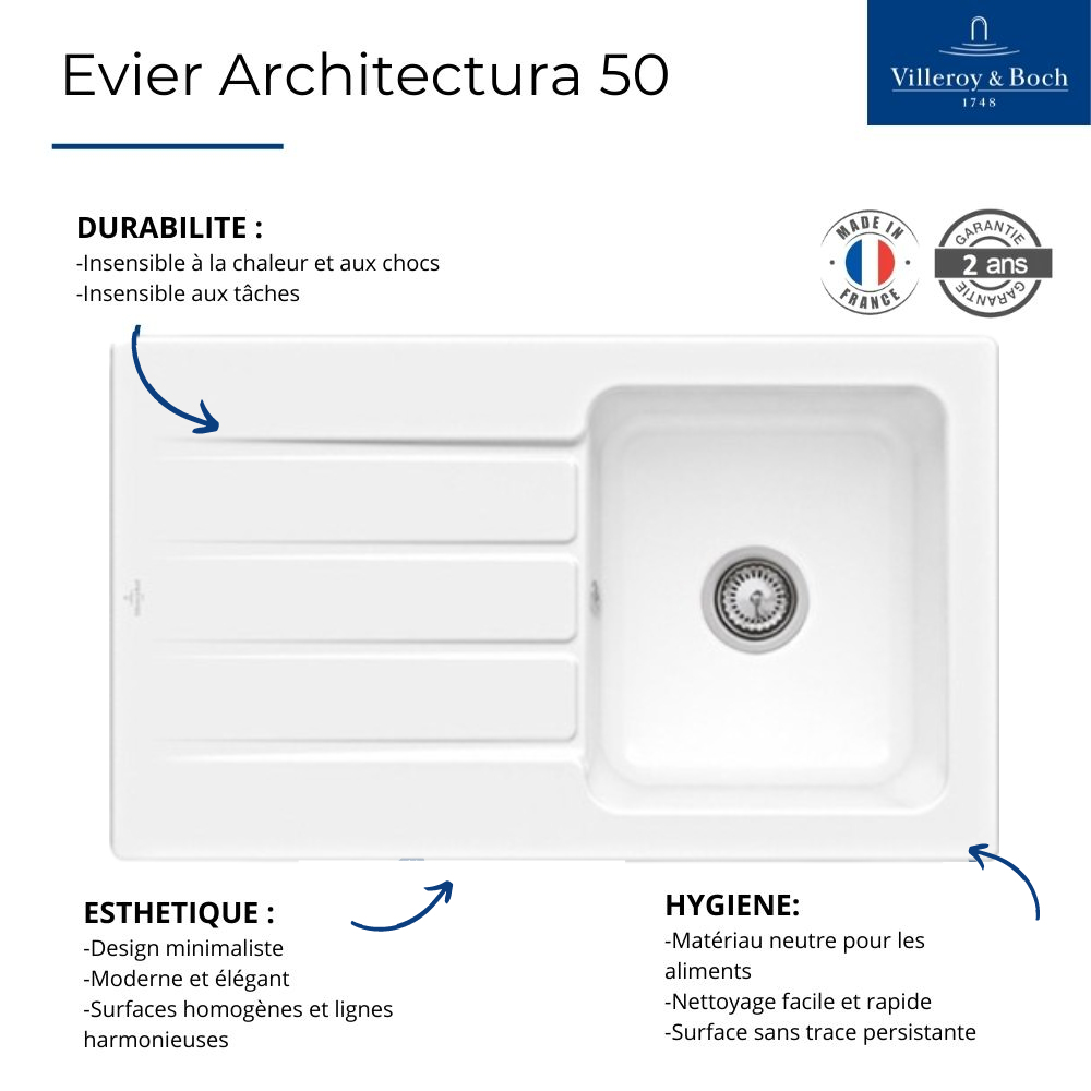Evier VILLEROY ET BOCH Architectura 50 Evier cuisine 1 bac villeroy et Boch Architectura 50 | Batinea