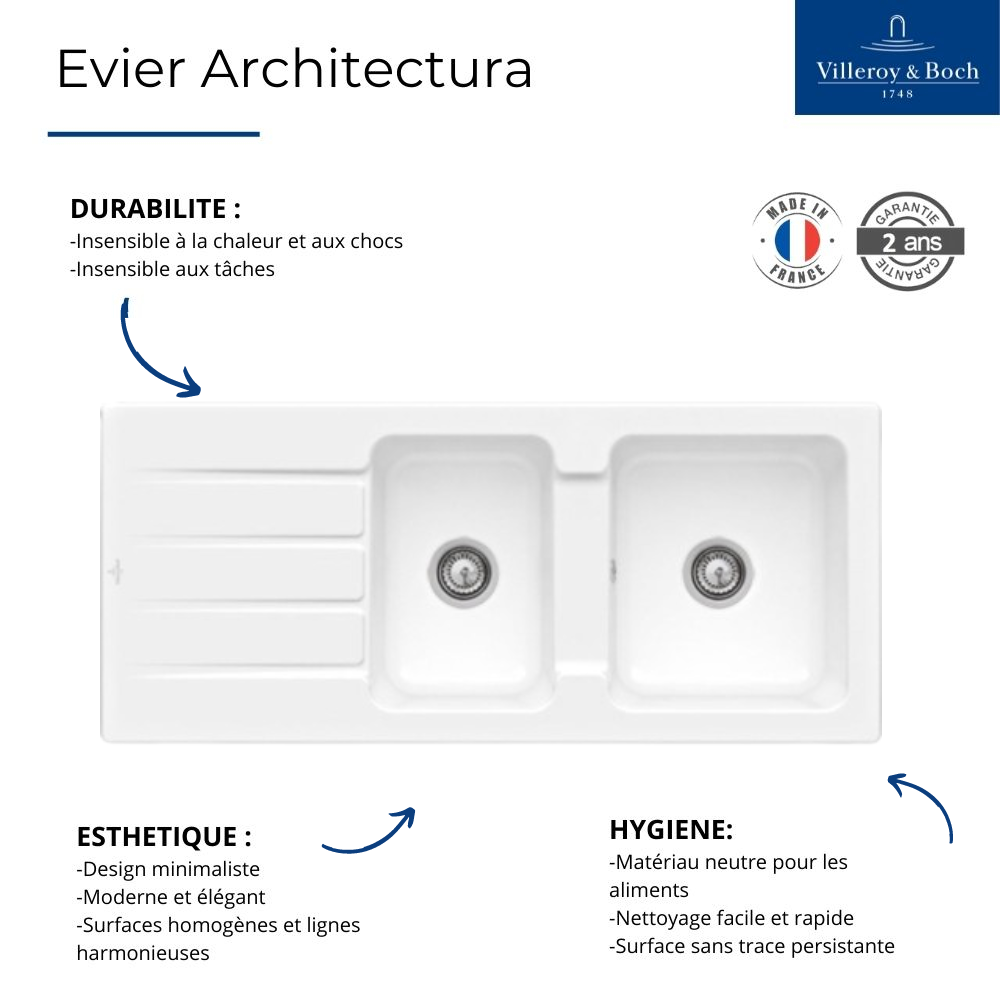 Evier 1 bac et demi VILLEROY ET BOCH Architectura 80 Evier cuisine 1 bac et demi villeroy et Boch Architectura  | Batinea