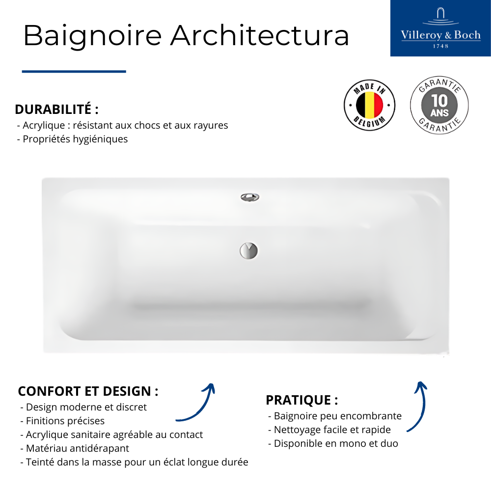 Les points forts de la Baignoire droite 140 X 70 VILLEROY ET BOCH Architectura acrylique