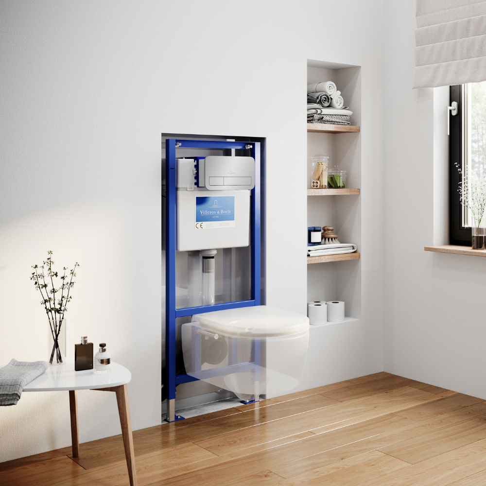 Ambiance 3 Pack WC suspendu sans bride VILLEROY ET BOCH Avento + Bâti support ViConnect Pro + abattant frein de chute + plaque c