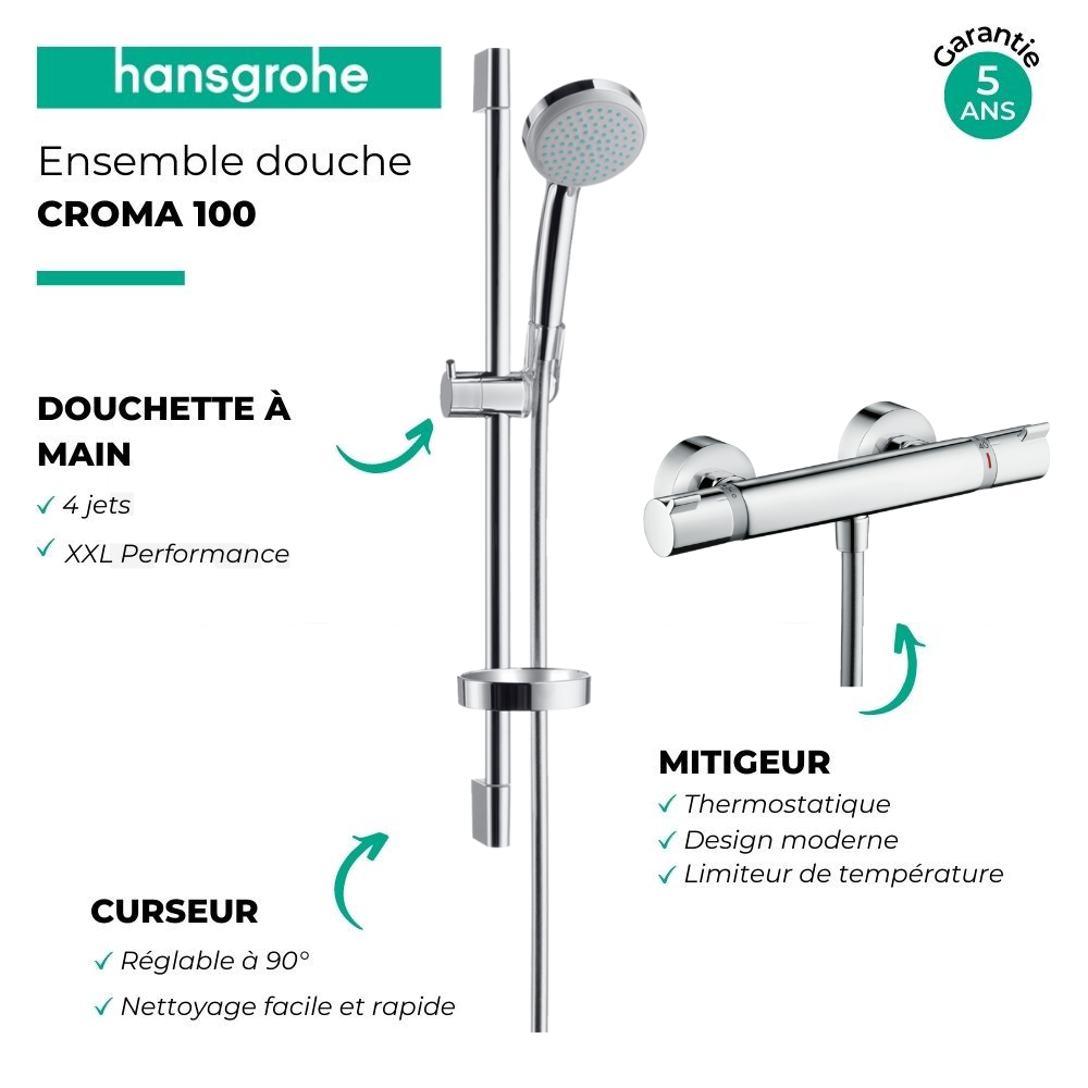 Ensemble douche HANSGROHE Croma + mitigeur thermostatique Vario à Economie d'eau | Batinea