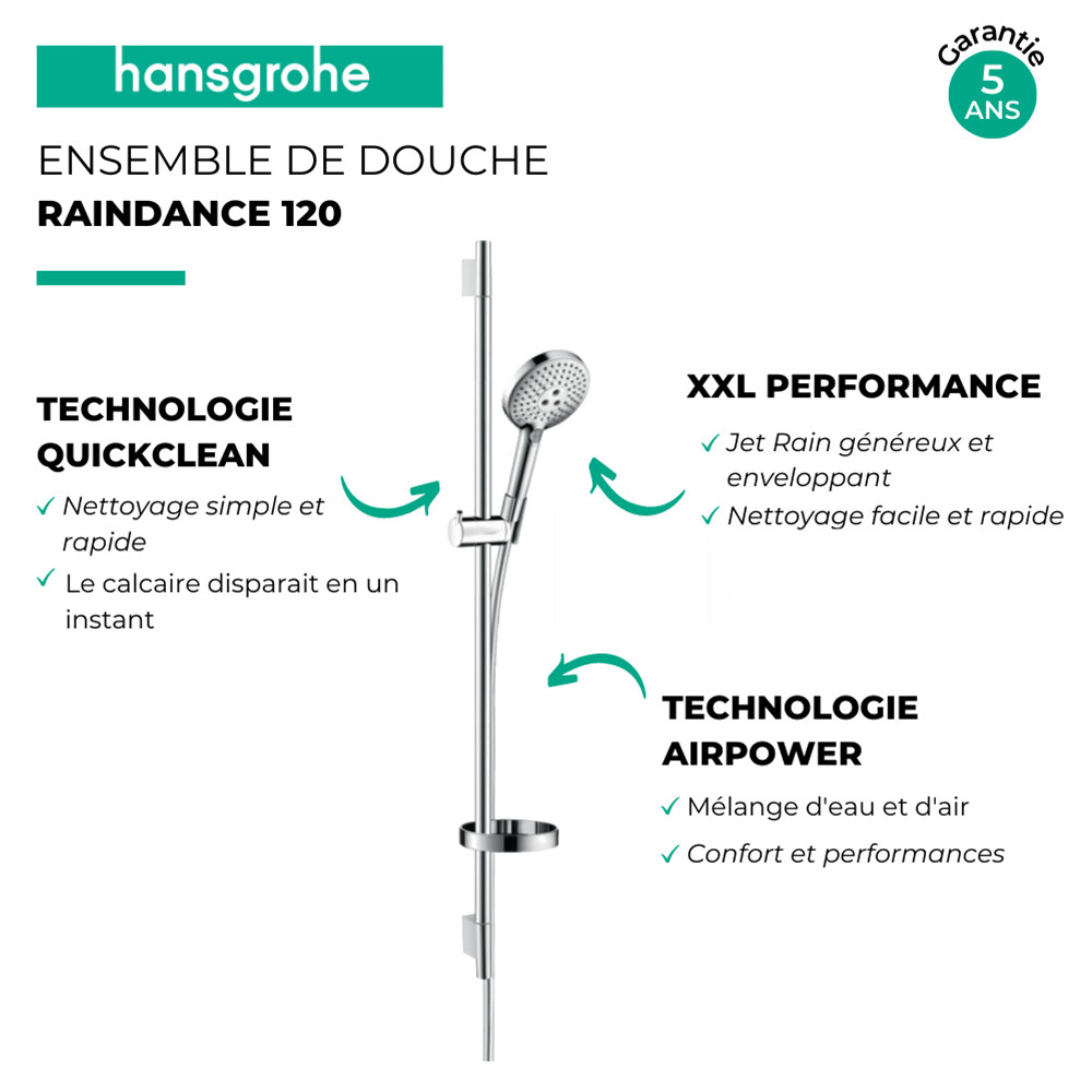 Pack de douche Hansgrohe Raindance 120 3jet + Mitigeur thermostatique douche Hansgrohe Ecostat Select |Batinea