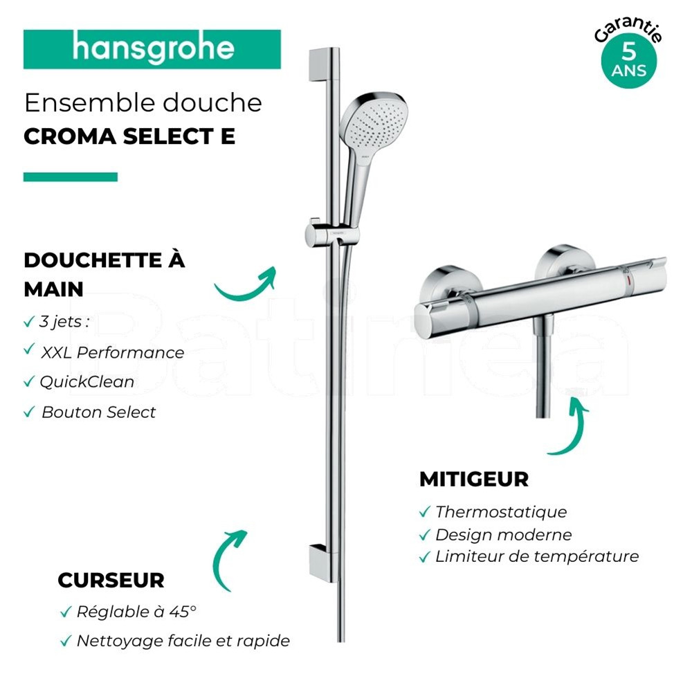 Mitigeur thermostatique avec ensemble douche Hansgrohe Croma Select E| Batinea