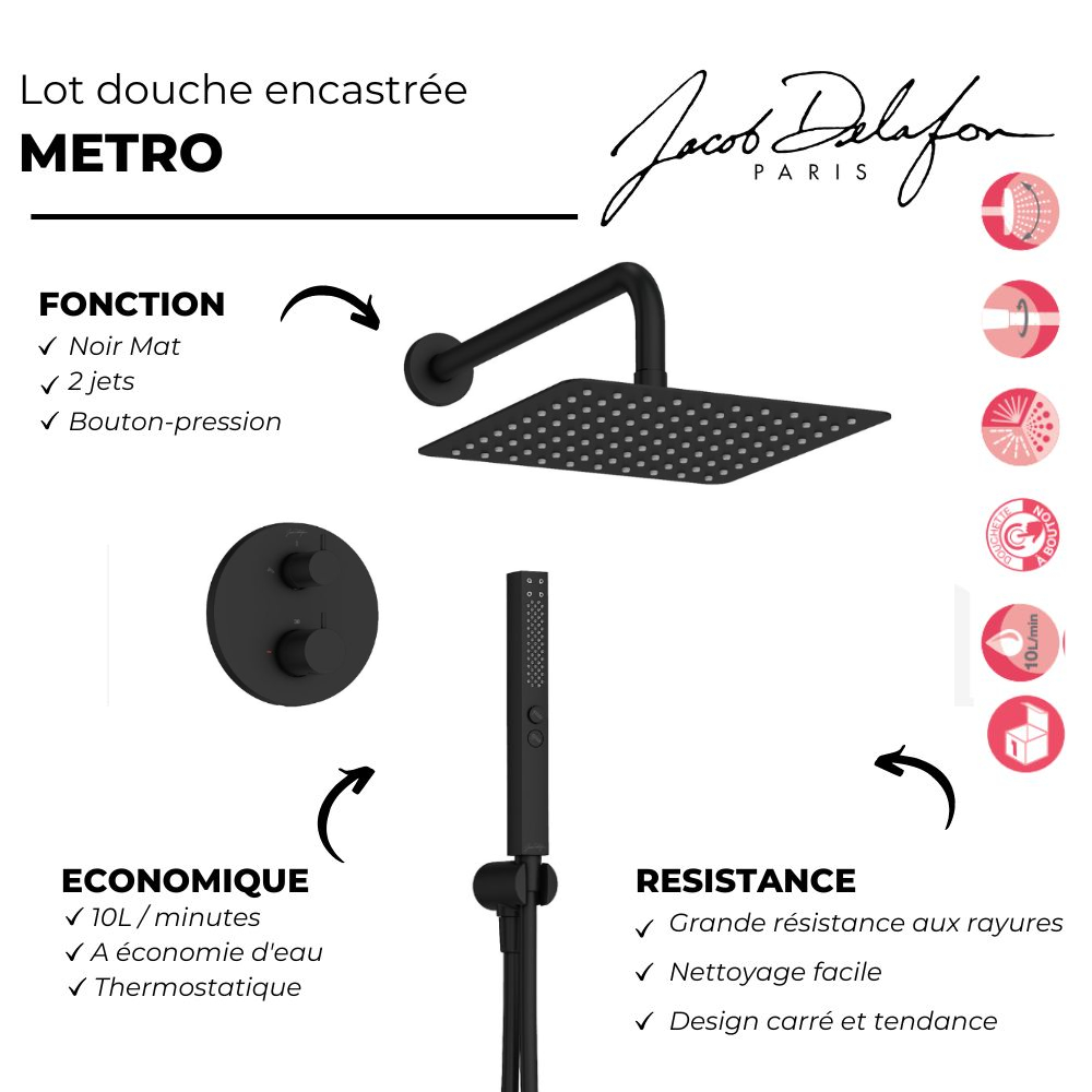 Robinet douche encastré thermostatique JACOB DELAFON Metro carré, Noir mat | Economie d'eau