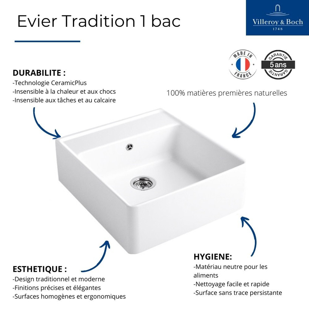 Evier timbre office VILLEROY ET BOCH Tradition Evier 1 cuve Villeroy et Boch Tradition | Batinea